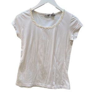 Red Paint White Cotton T Shirt with Sequined Neckline Short Sleeves Large